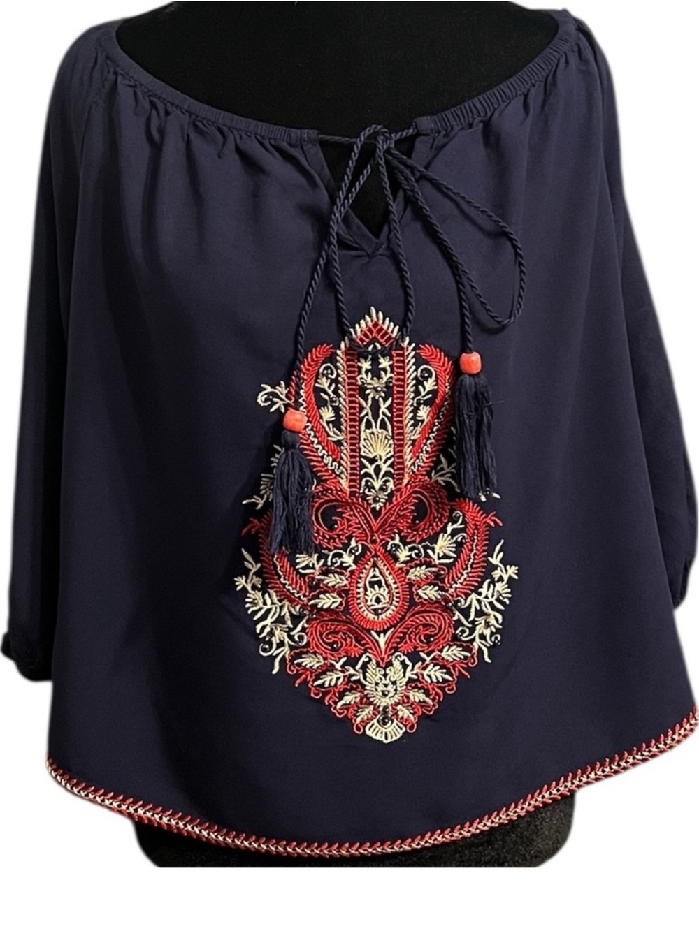 Anthropologie LUNA MOON Navy Embroidered Blouse L